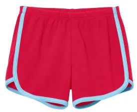 Girls Soft Cotton Knit Short with Trim | Candy Apple w. Bright Light Blue Trim