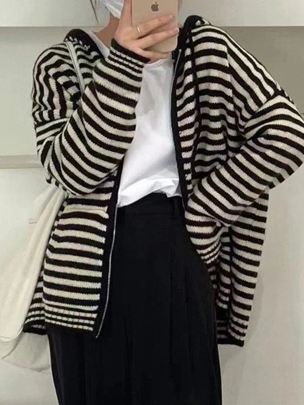 Hooded Striped Long Sleeve Knit Cardigan