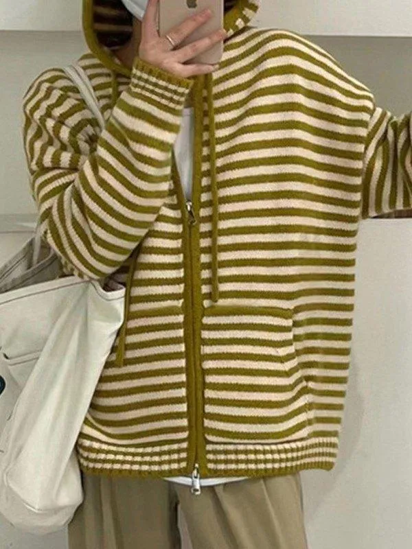 Hooded Striped Long Sleeve Knit Cardigan