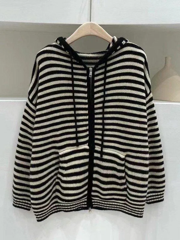 Hooded Striped Long Sleeve Knit Cardigan