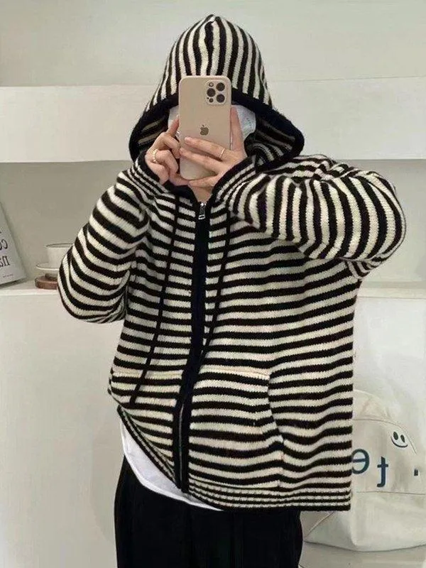 Hooded Striped Long Sleeve Knit Cardigan