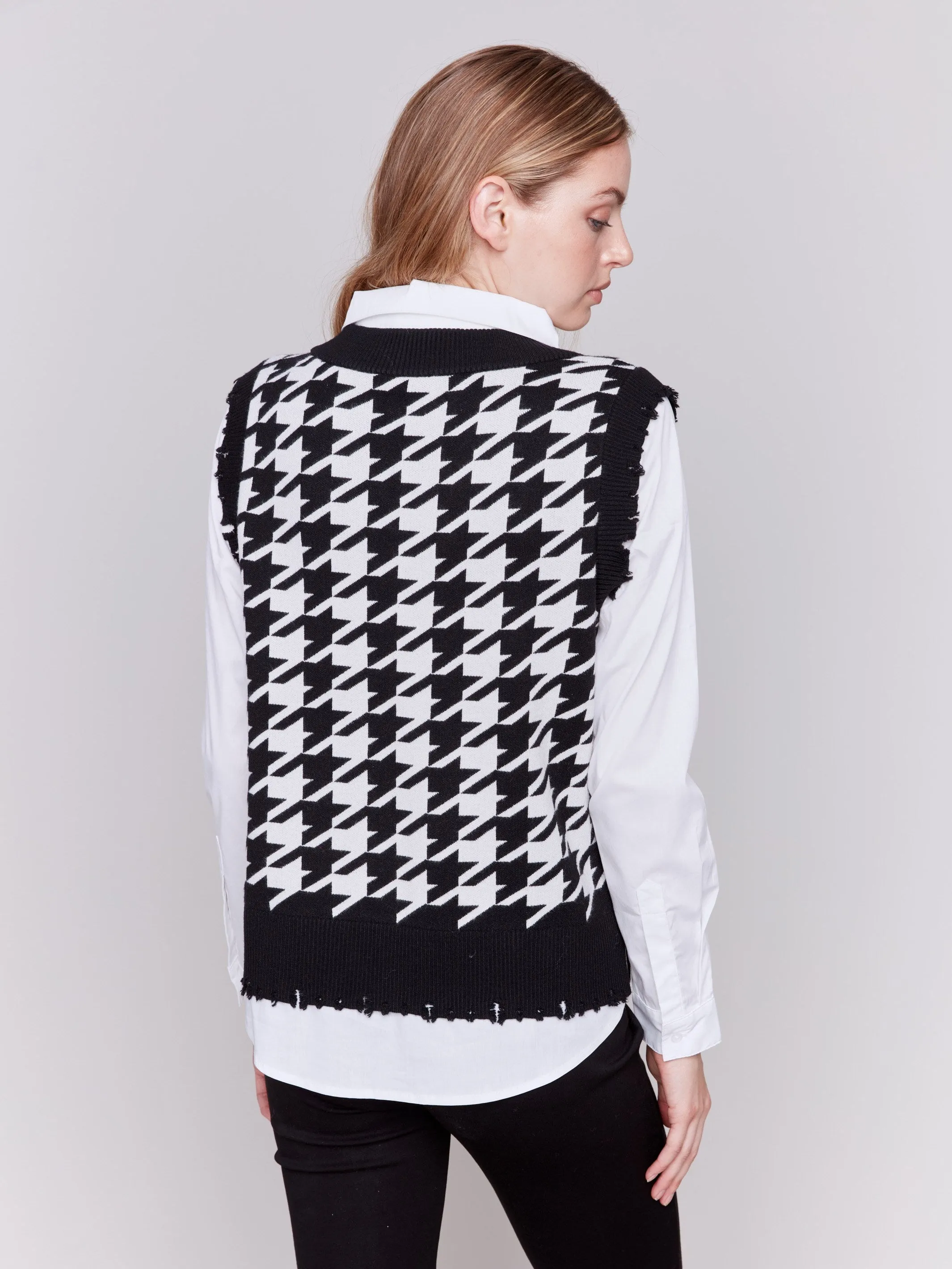 Houndstooth Fooler Vest with Shirt Collar - Pepper