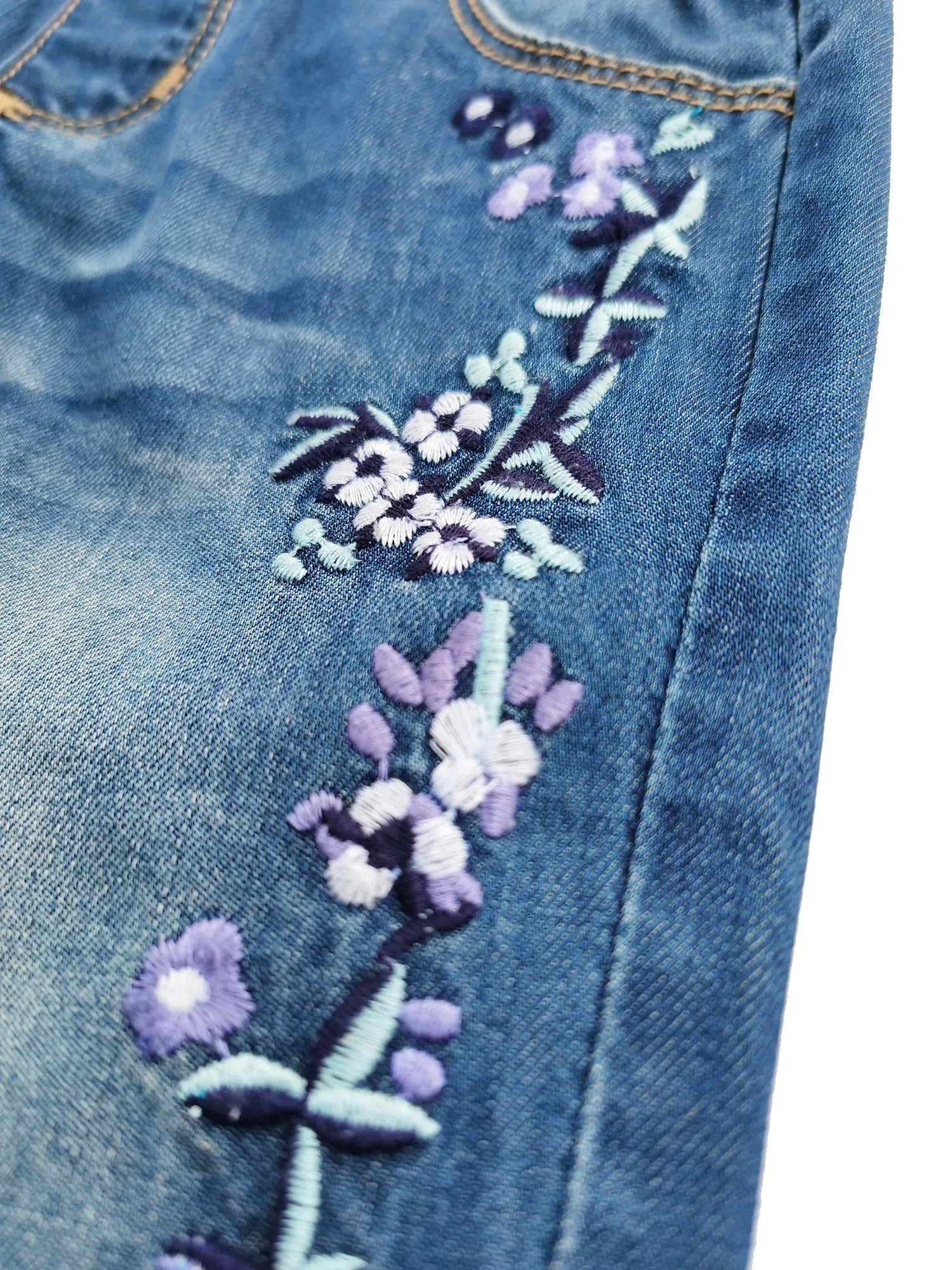 Kids Purple Flower Embroidered Denim Overalls