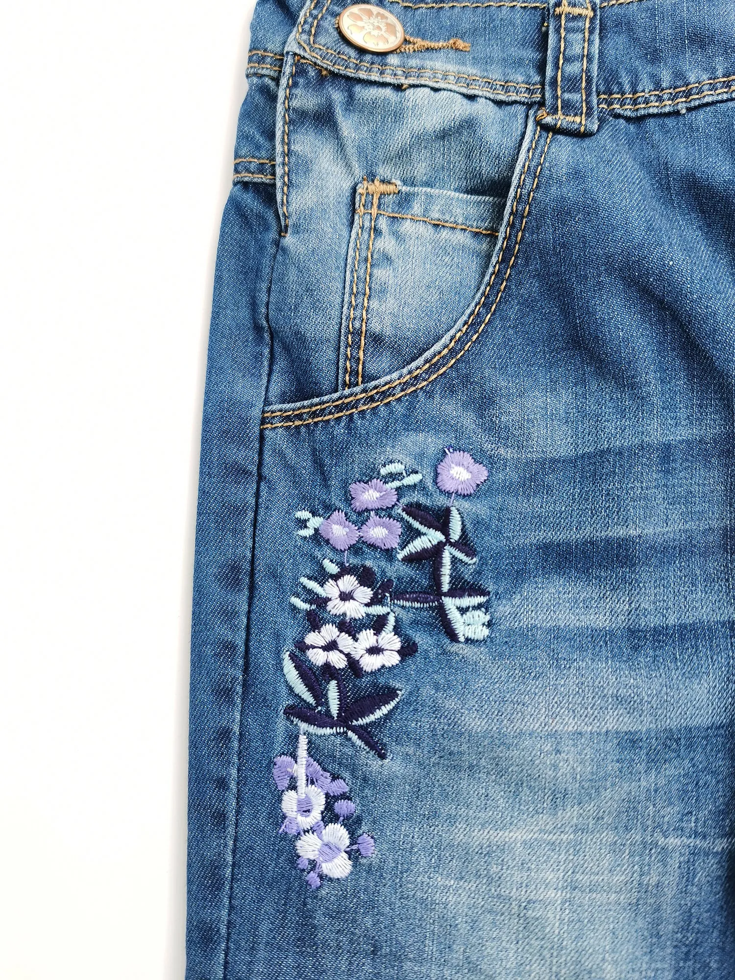 Kids Purple Flower Embroidered Denim Overalls