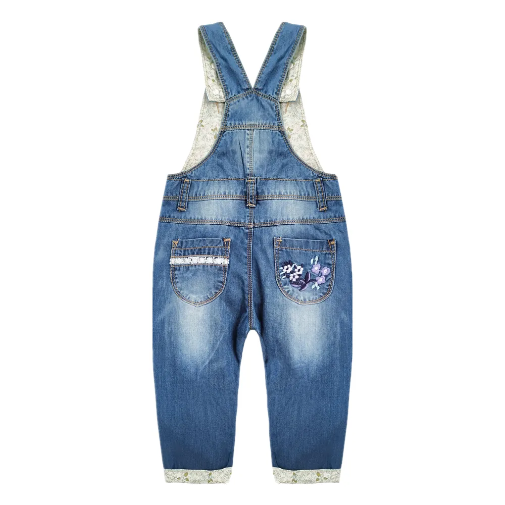 Kids Purple Flower Embroidered Denim Overalls