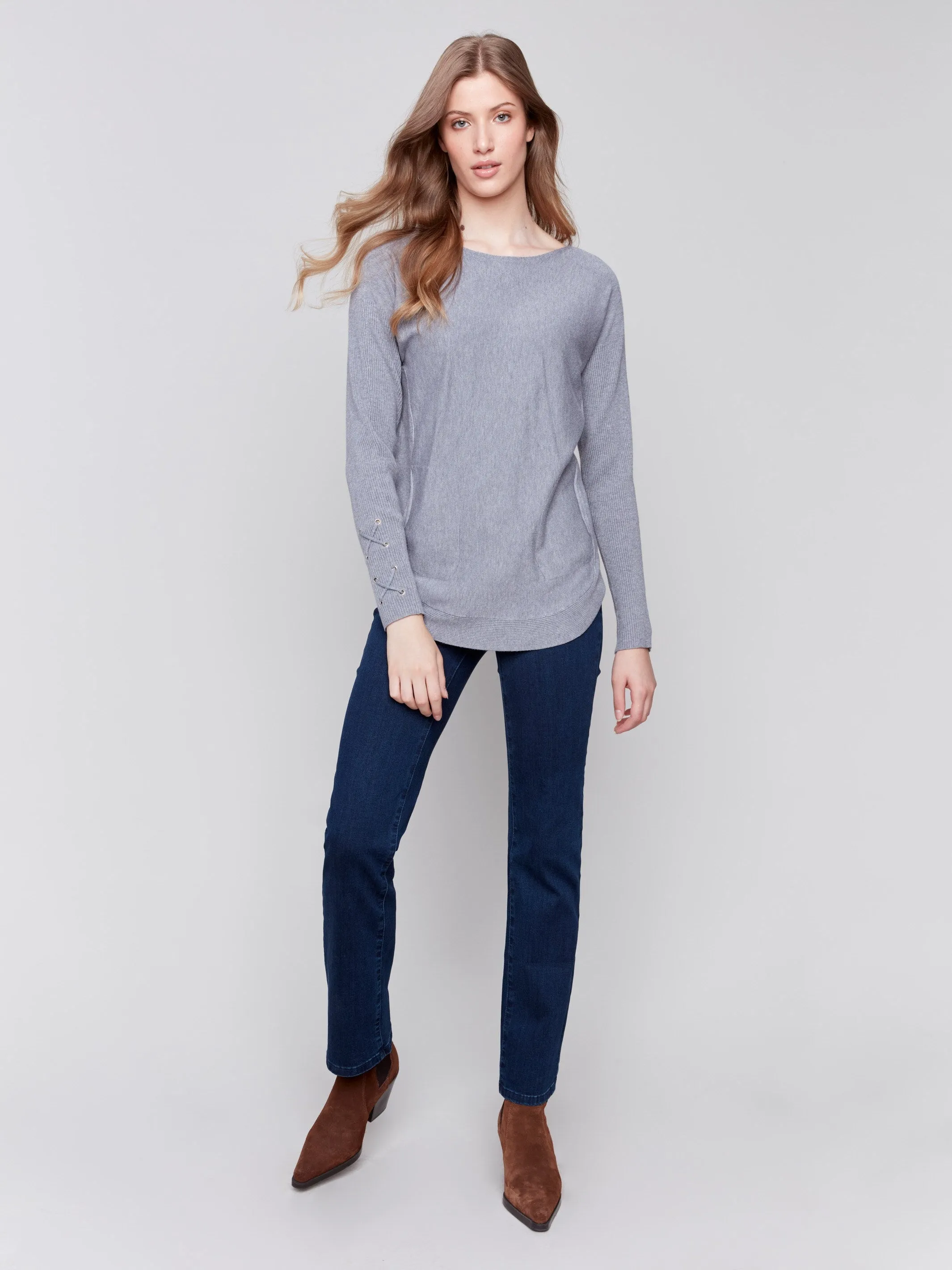 Knit Sweater with Lace-Up Cuffs - Grey