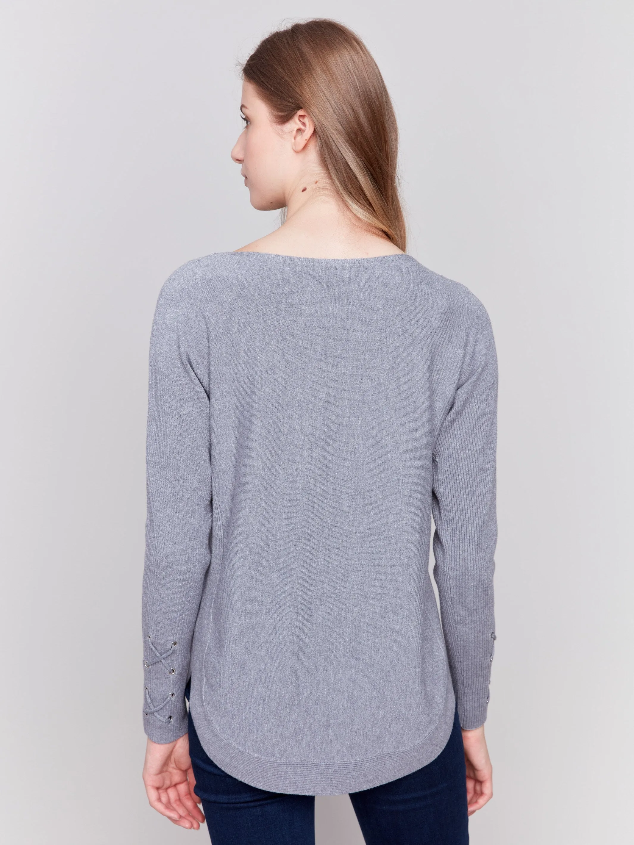 Knit Sweater with Lace-Up Cuffs - Grey