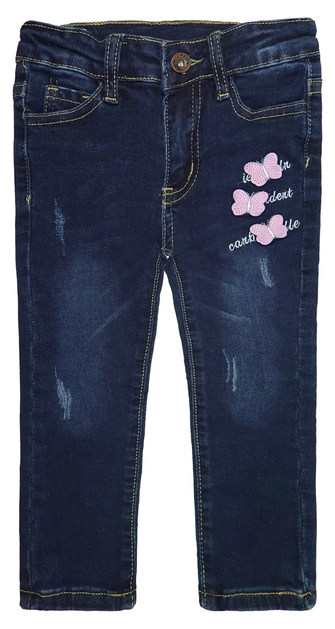 Little Girls Elastic Band Embroidered Butterfly Stretchy Soft Denim Slim Pants Jeans