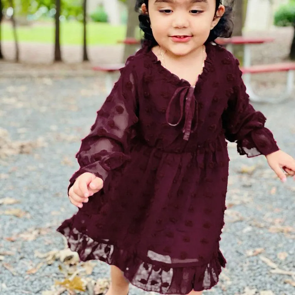 Maacie Baby Girl Dresses Swiss Dot Red Flared Sleeve Elastic Waist Ruffle Dresses