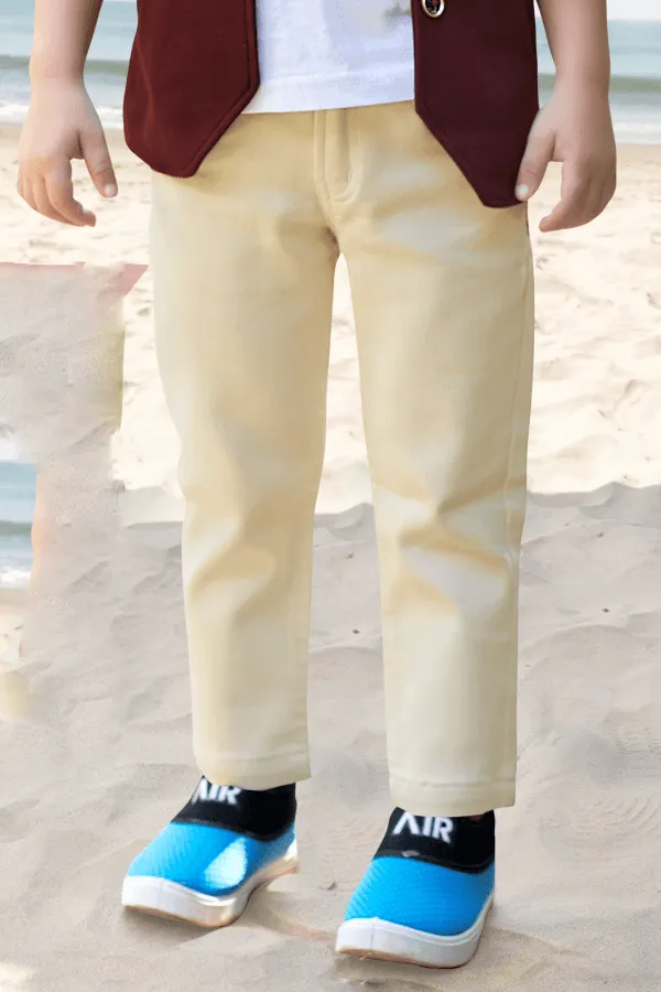 Maroon Waist Coat with White T-Shirt and Sandal Pant Set for Boys