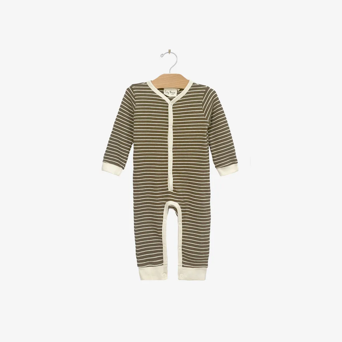 Olive Stripes Organic Henley Snap Romper