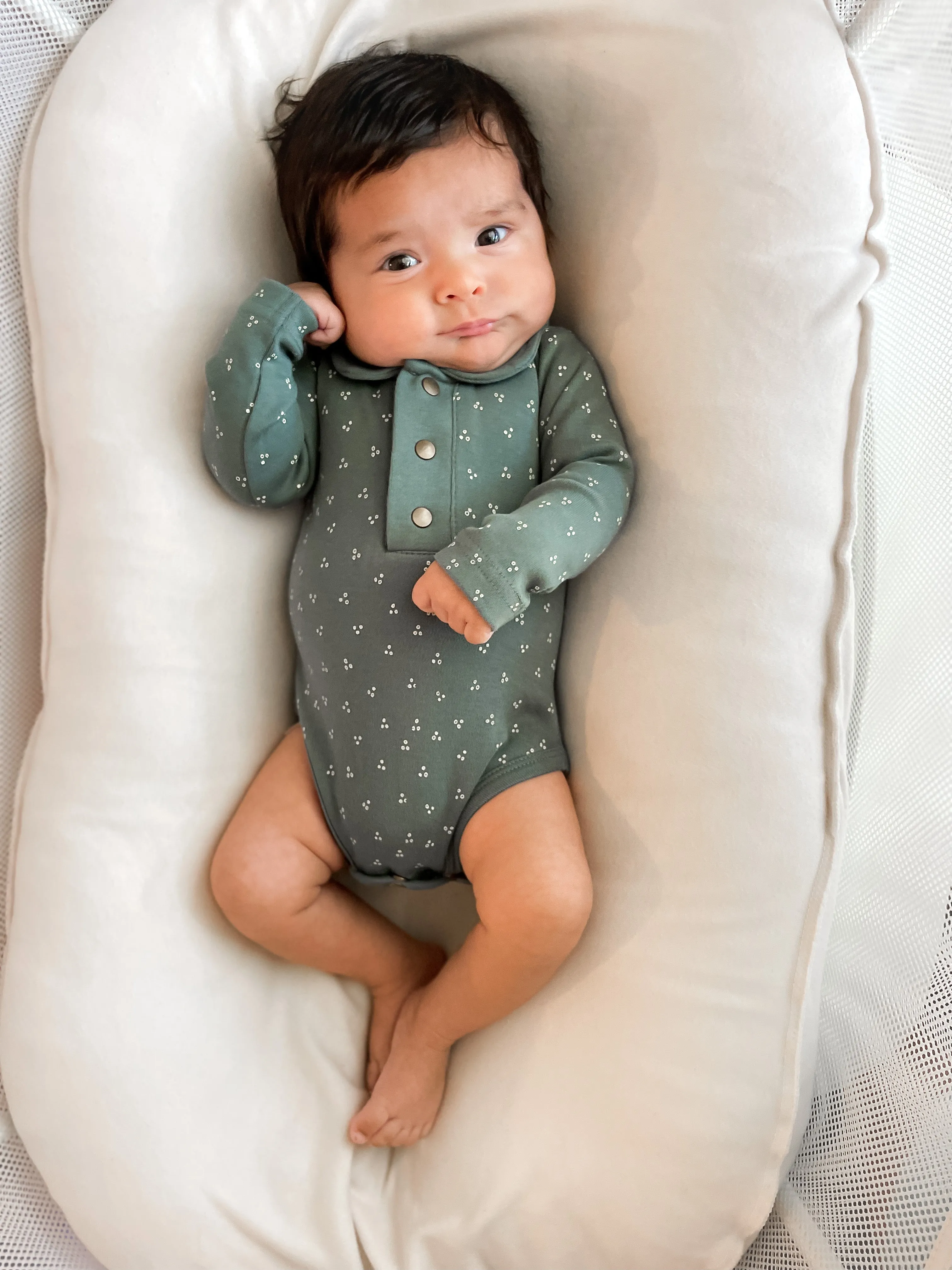 Organic Polo Bodysuit in Spruce Dots