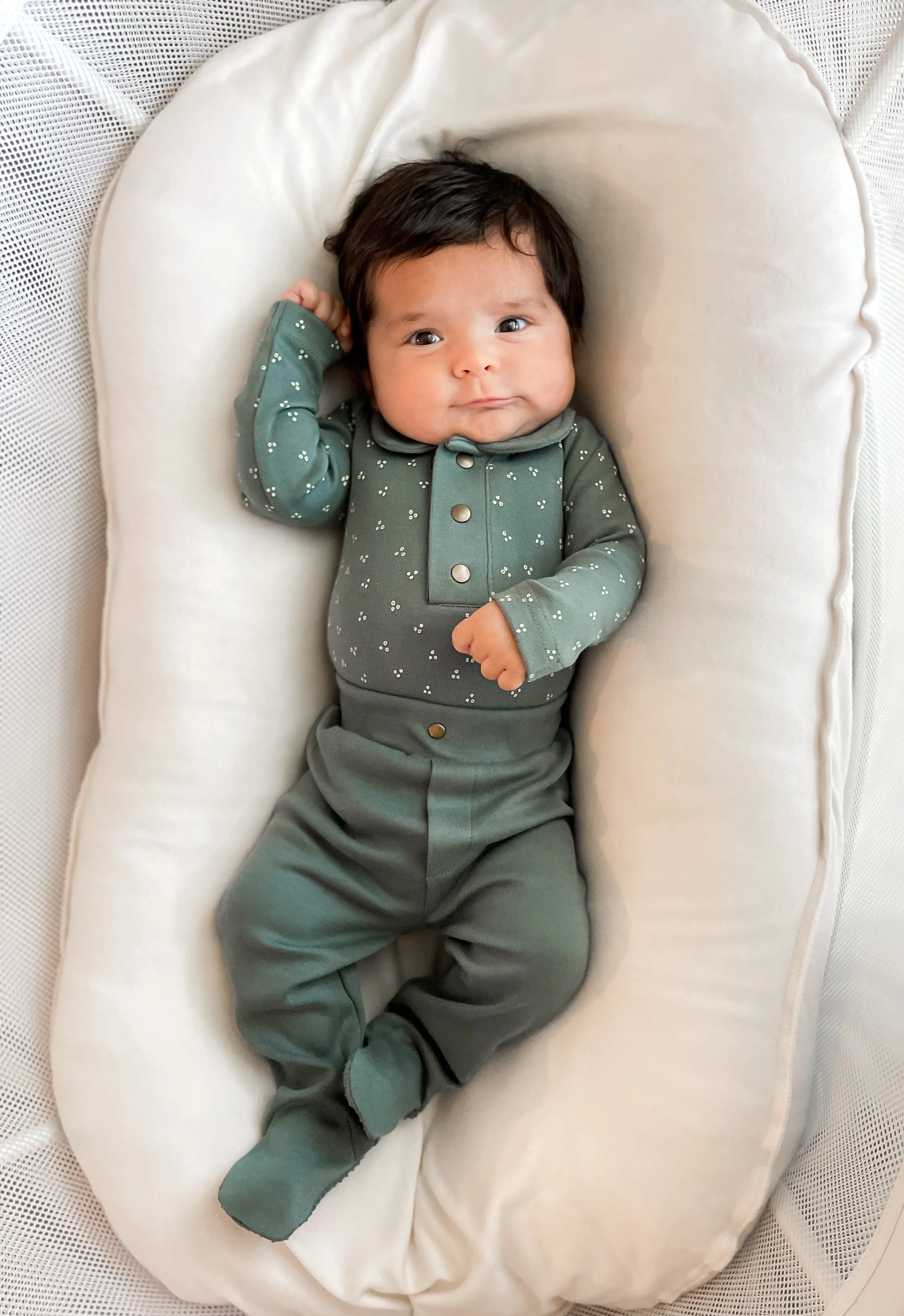 Organic Polo Bodysuit in Spruce Dots