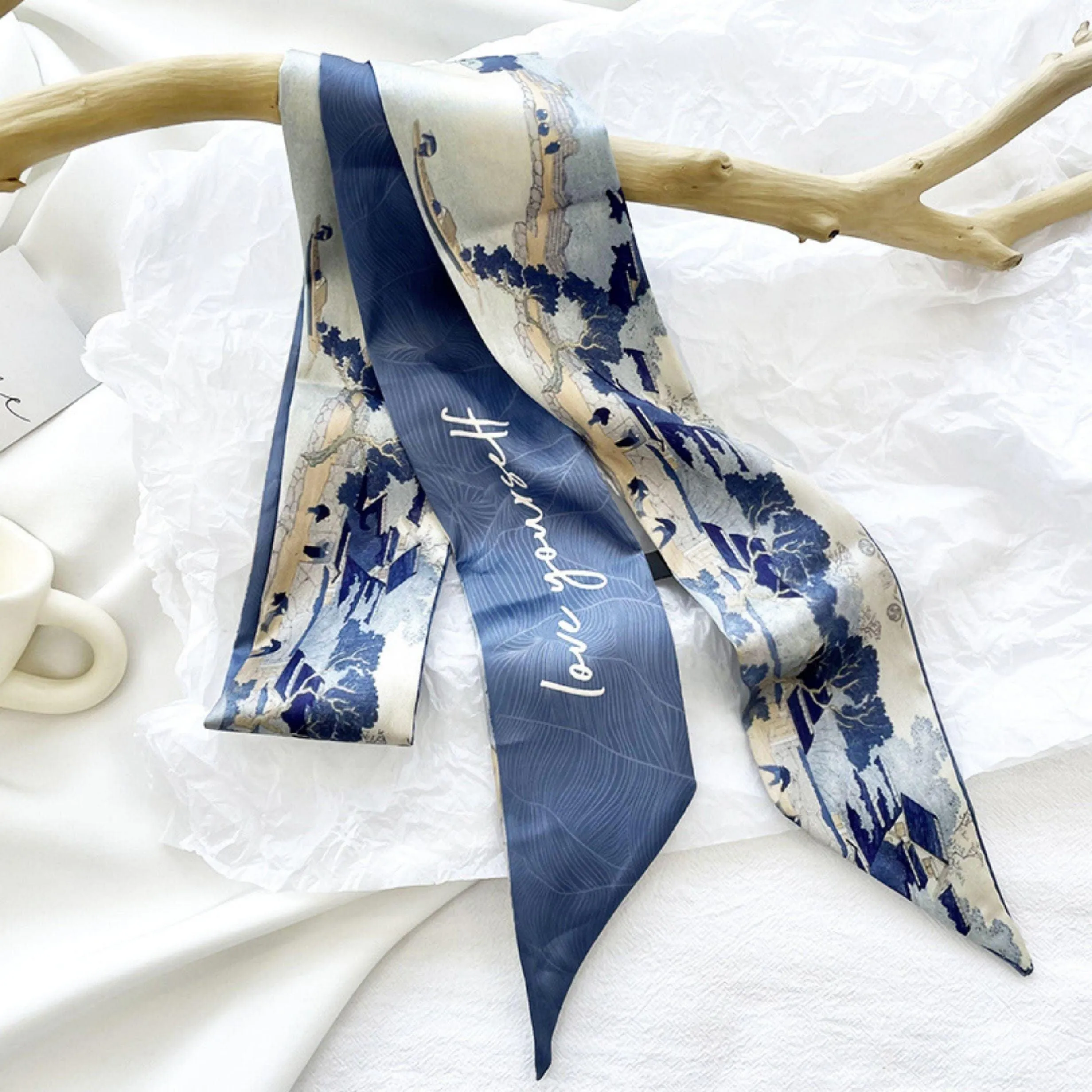 Oriental Watercolour Skinny Scarf,Elegant Slender Neckerchief,Small Headband Hairband/Gift For Her