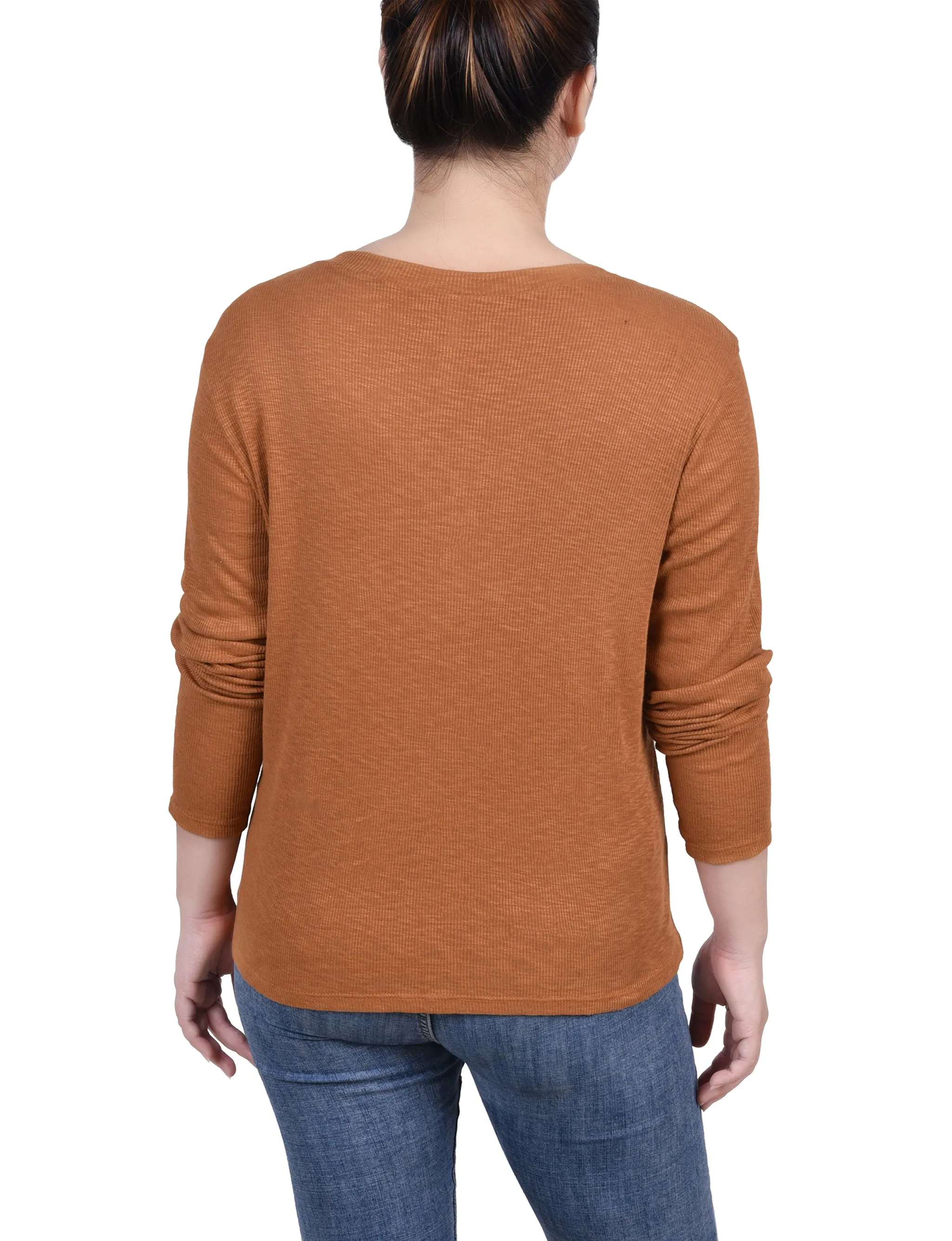 Petite Long Sleeve Ribbed Henley Top