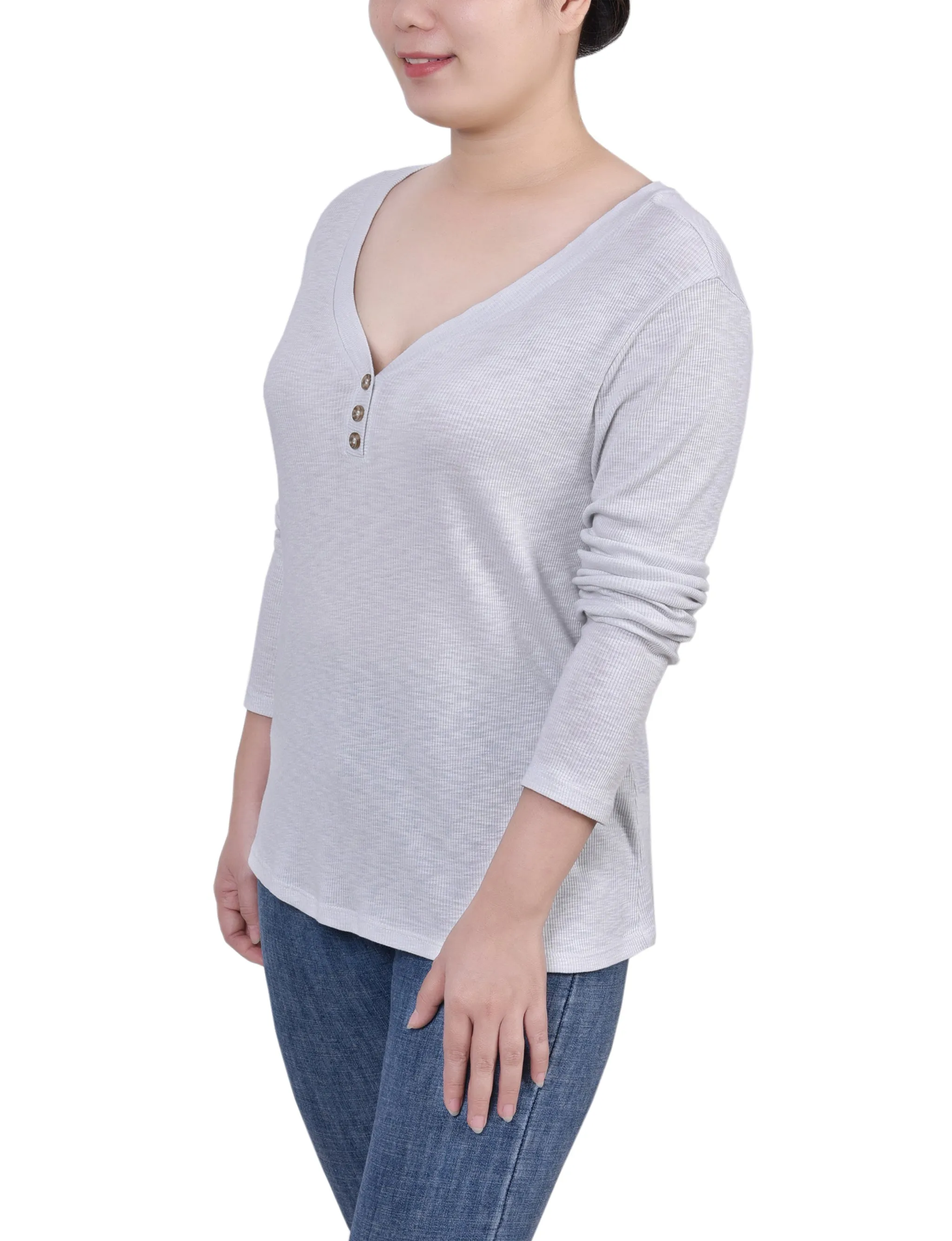 Petite Long Sleeve Ribbed Henley Top