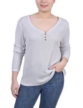 Petite Long Sleeve Ribbed Henley Top