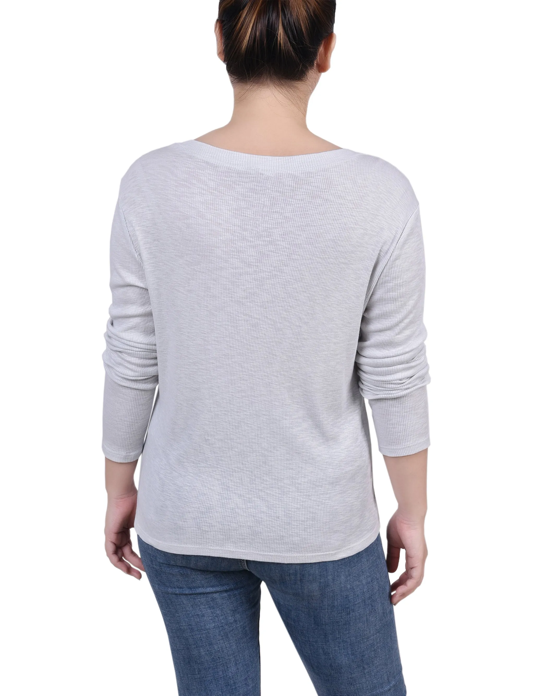 Petite Long Sleeve Ribbed Henley Top