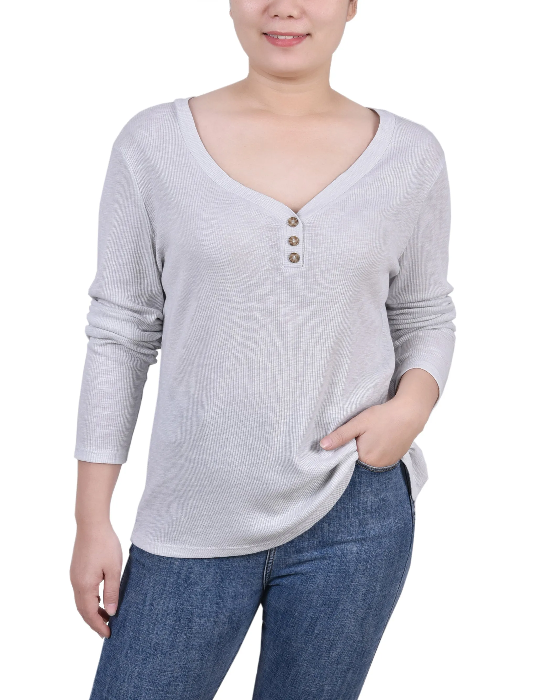 Petite Long Sleeve Ribbed Henley Top