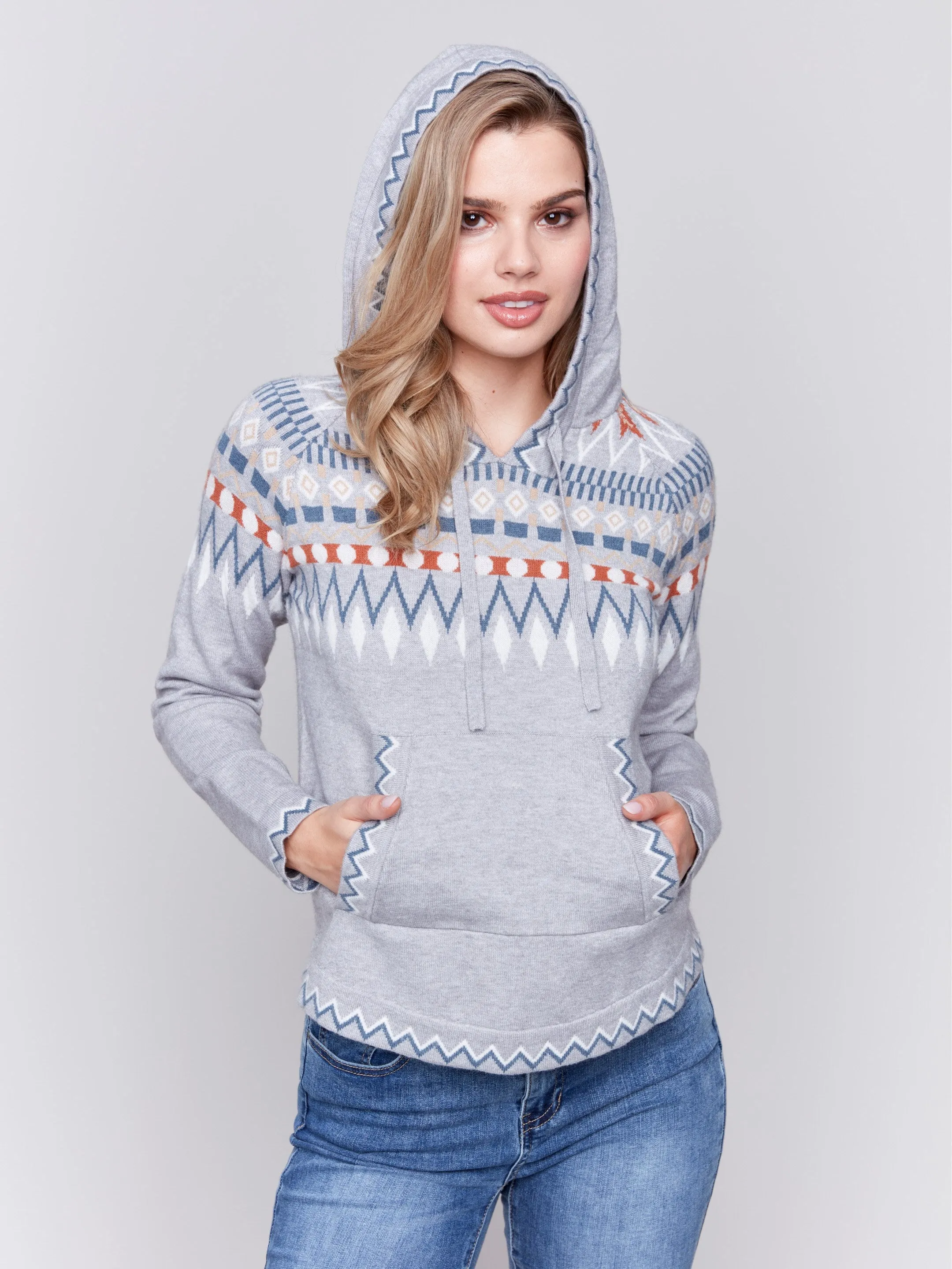 Plush Knit Ski Hoodie Sweater - Grey