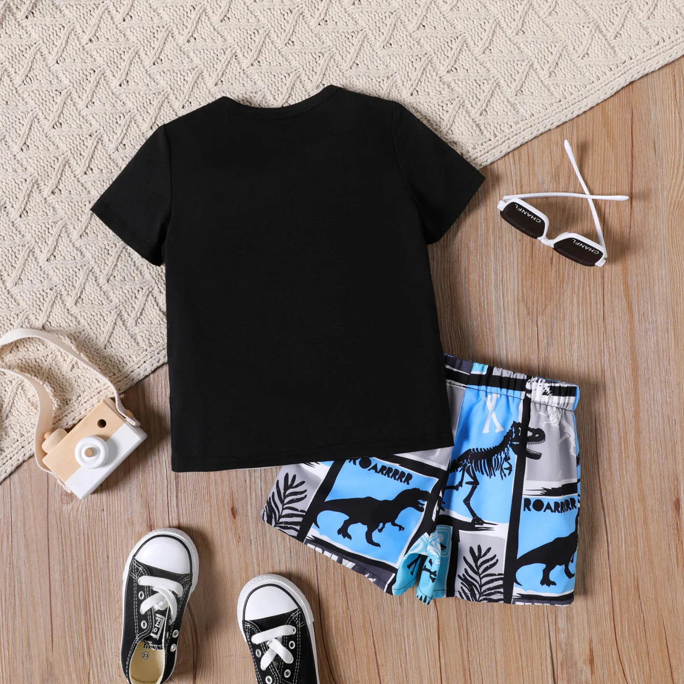 PP-2pcs Toddler Boy Letter Print Short-Sleeve Black Tee And Dinosaur Print PP33