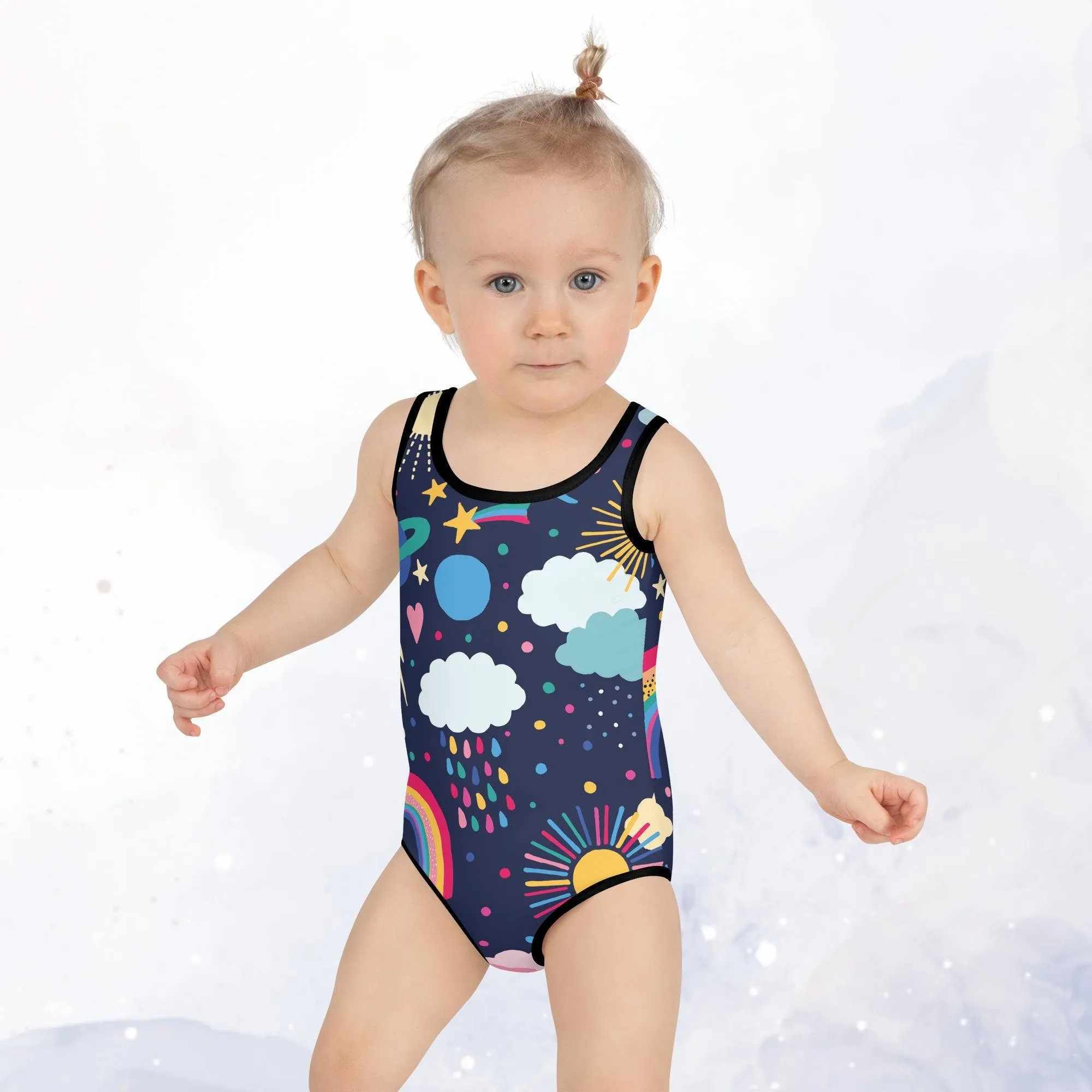 Rainbows and Rain Clouds Weather Themed Print Kids Swimsuit Leotard