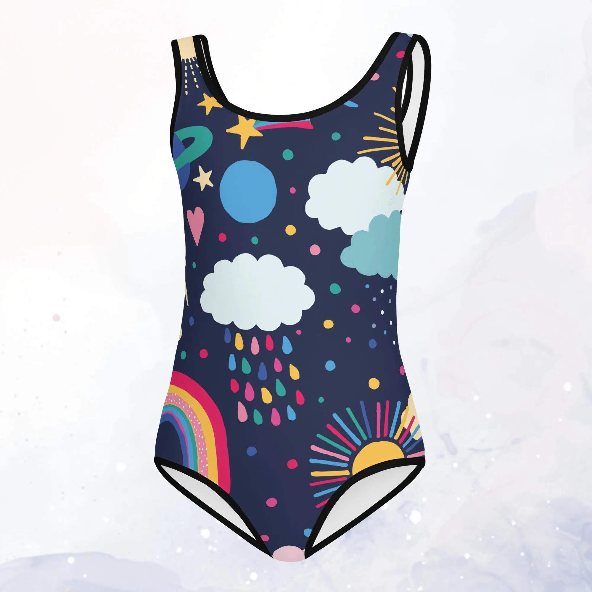 Rainbows and Rain Clouds Weather Themed Print Kids Swimsuit Leotard