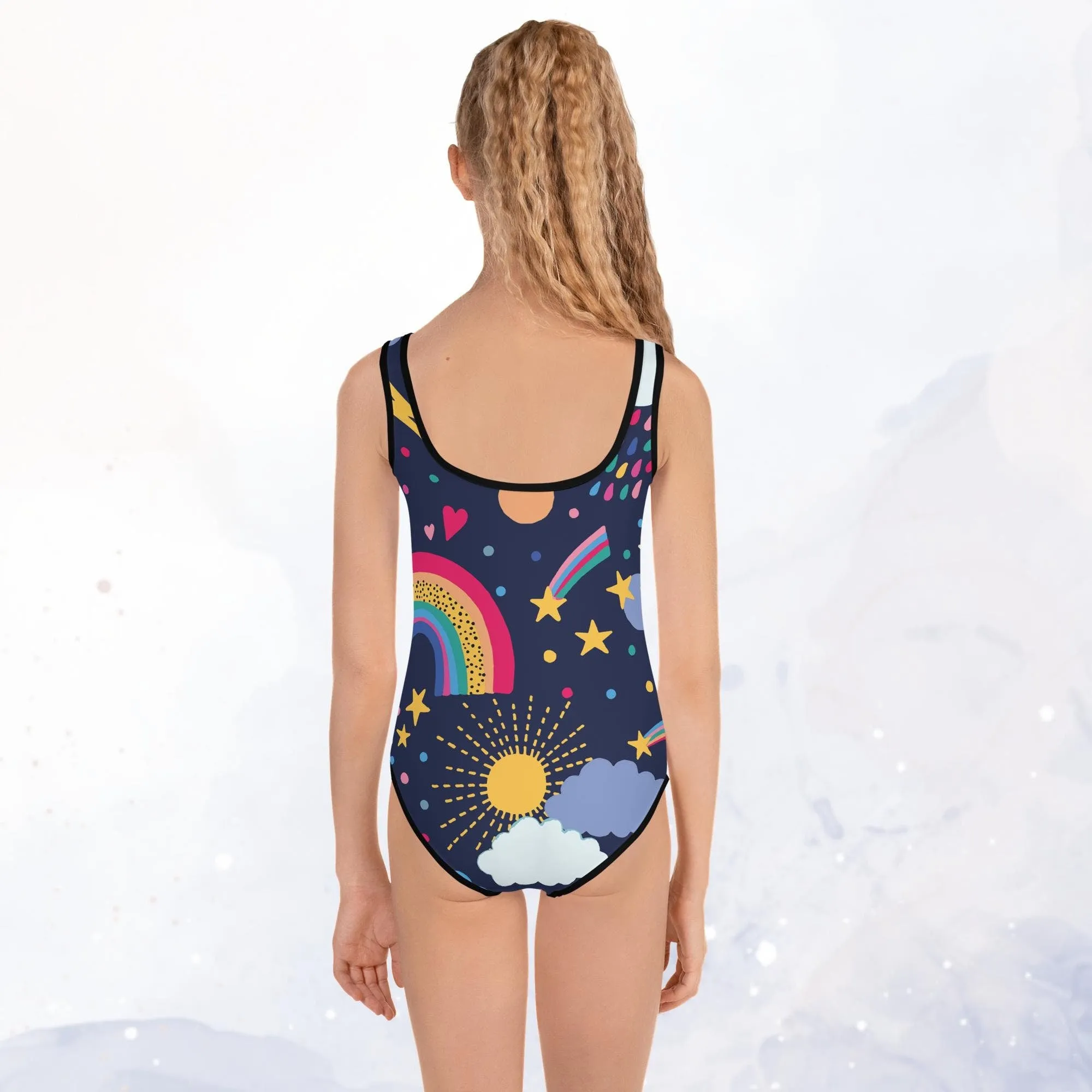 Rainbows and Rain Clouds Weather Themed Print Kids Swimsuit Leotard