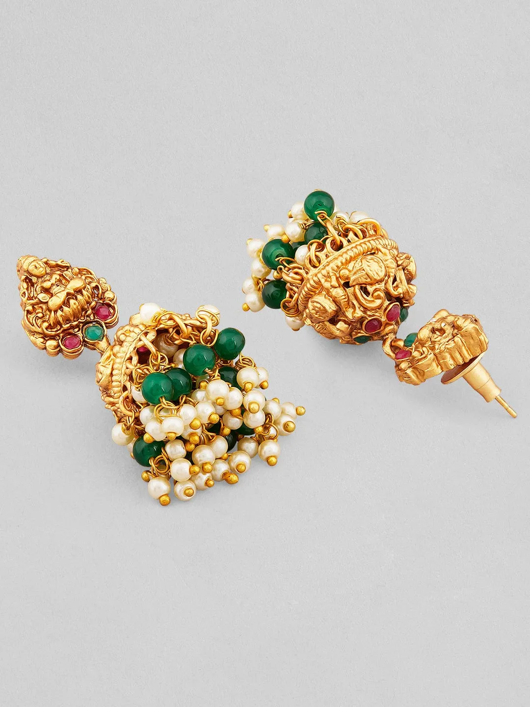 Rubans 24k Gold Plated Temple Jewellery Set With Green Beads And Pearls.