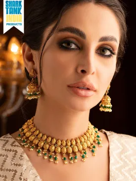 Rubans 24k Gold Plated Temple Jewellery Set With Green Beads And Pearls.