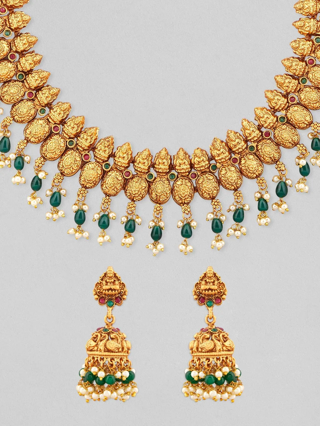 Rubans 24k Gold Plated Temple Jewellery Set With Green Beads And Pearls.