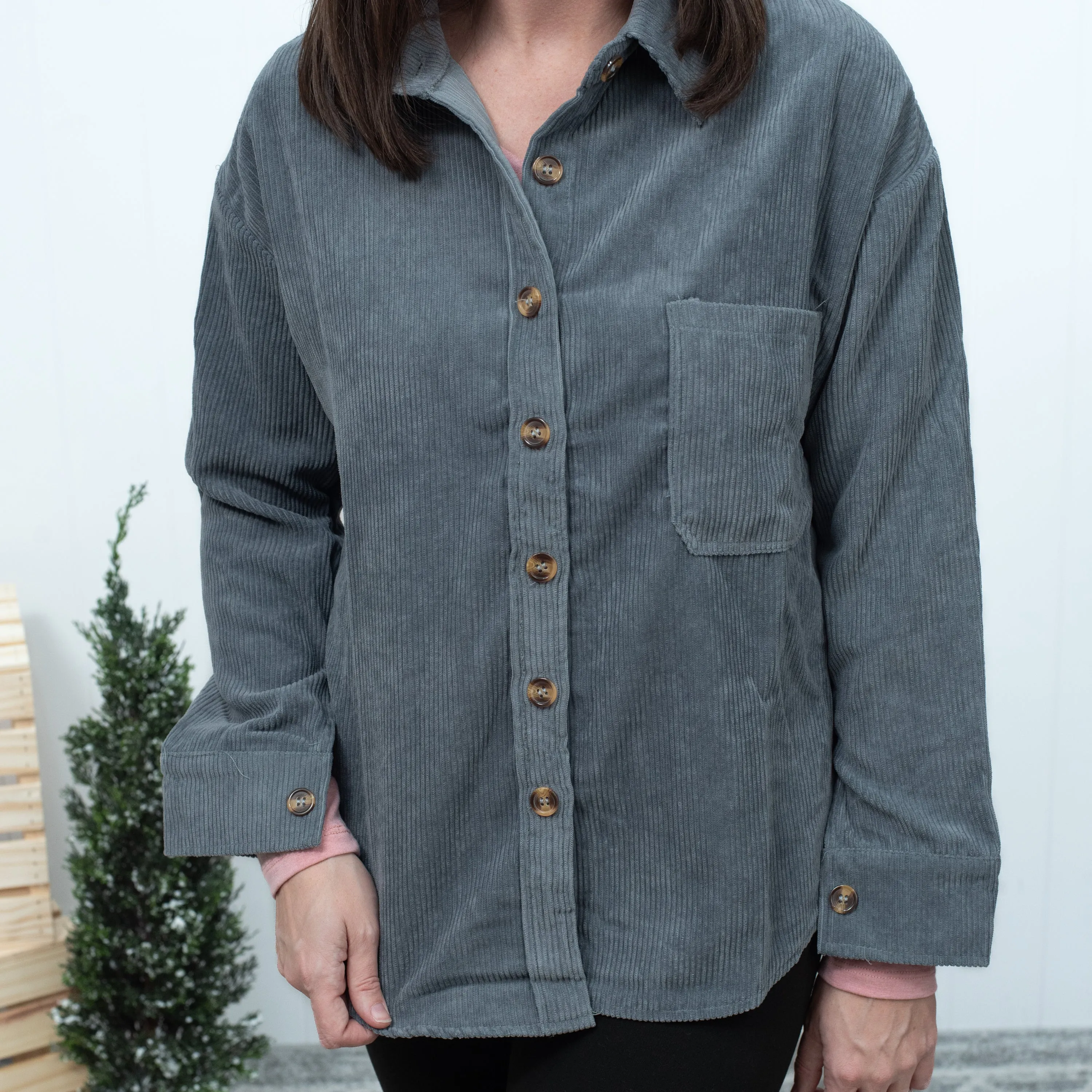 So Much Potential - Gray Corduroy Pocket Shirt