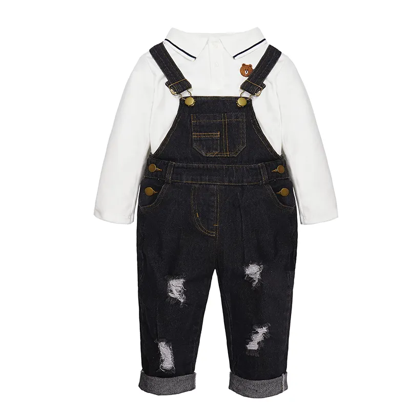 Toddler Ripped White Polo Front Pocket Overalls Set