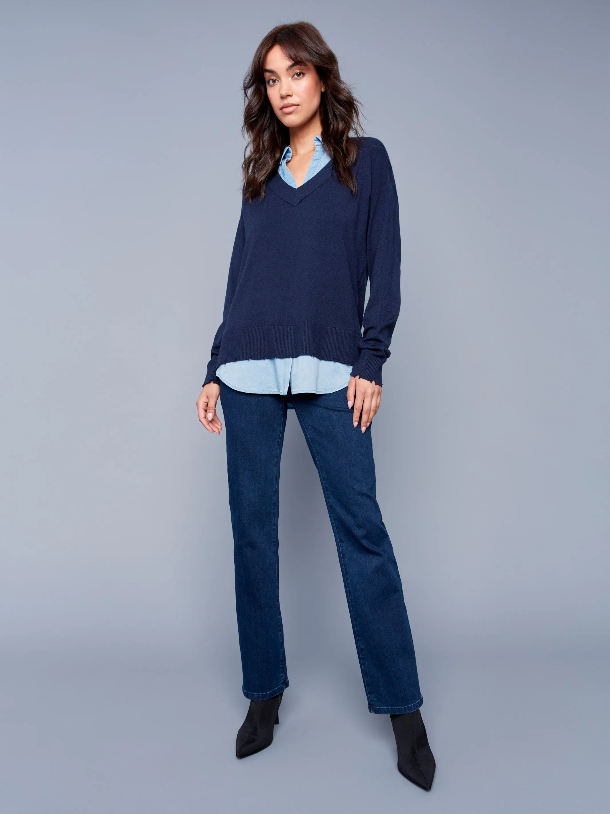 V-Neck Fooler Sweater with Shirt Collar - Navy