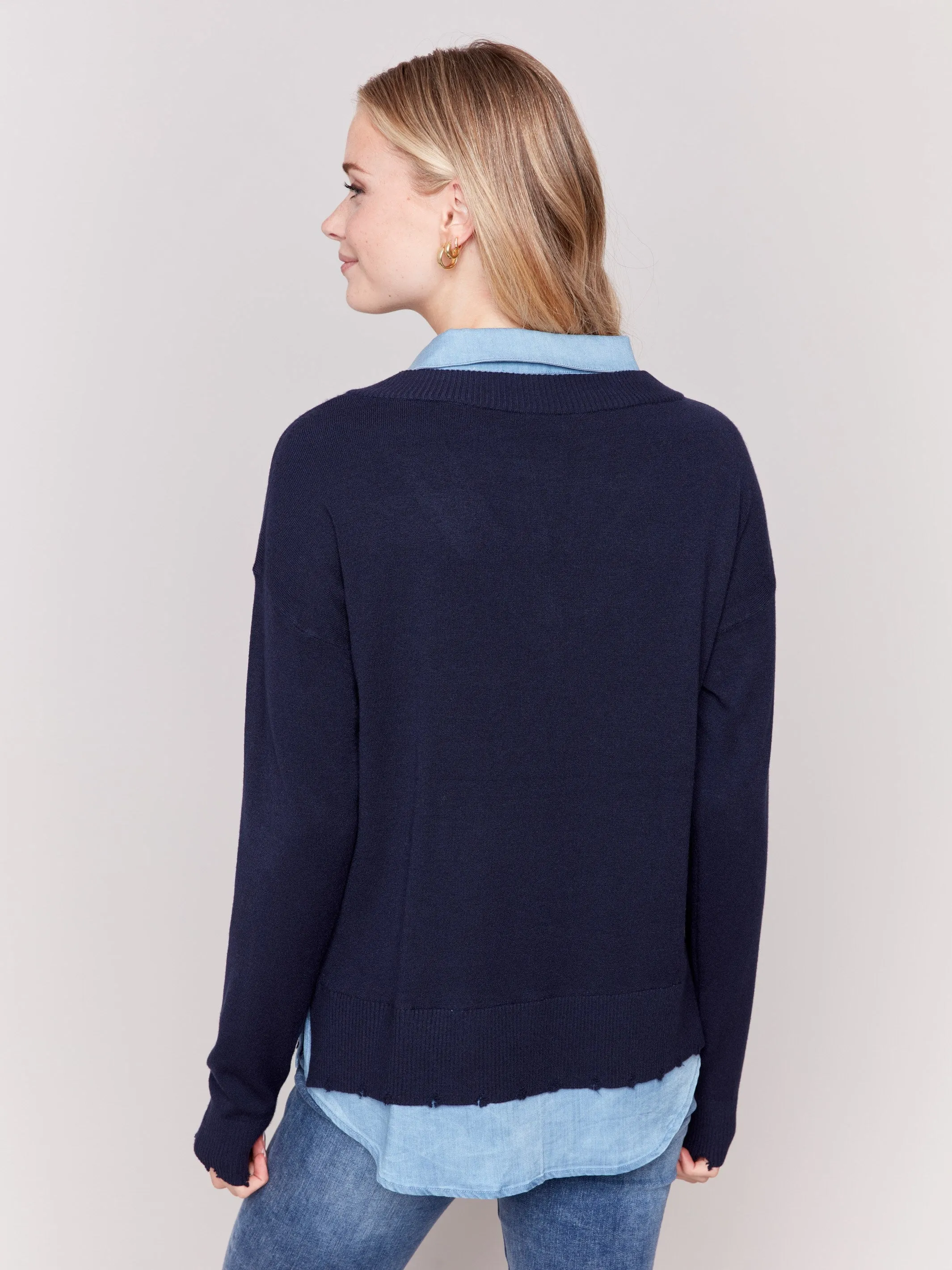 V-Neck Fooler Sweater with Shirt Collar - Navy