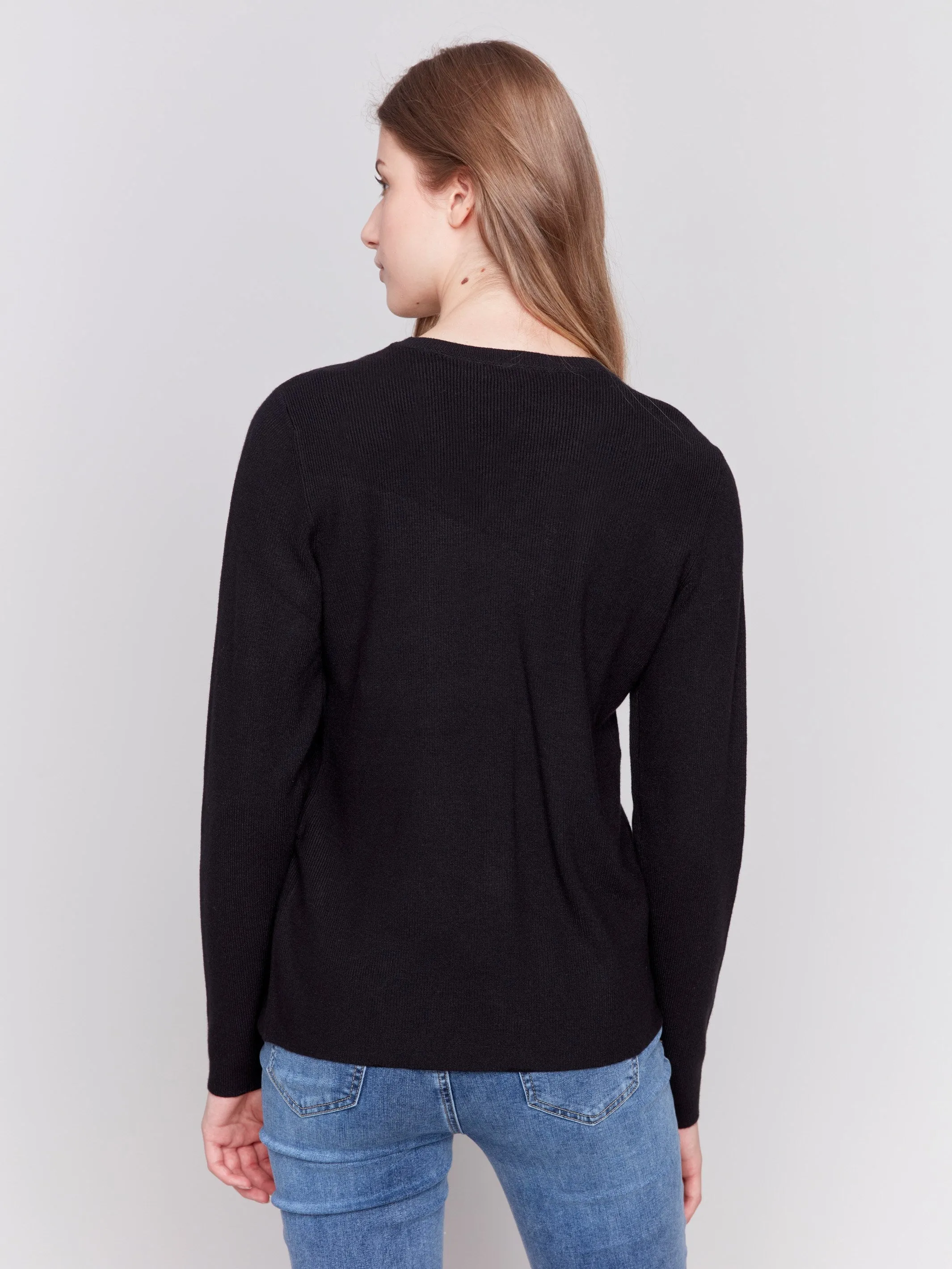 V-Neck Sweater with Grommet Detail - Black