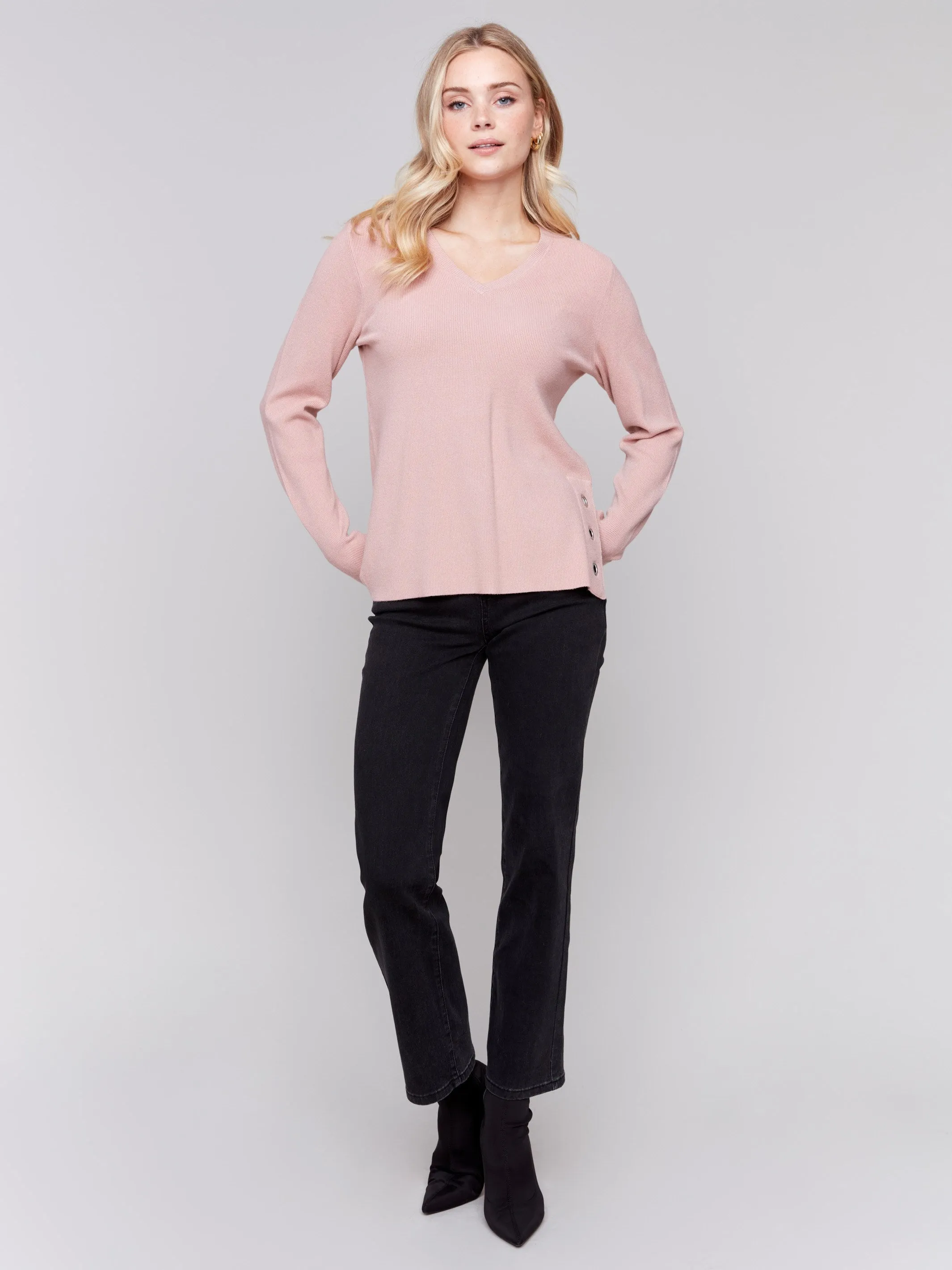 V-Neck Sweater with Grommet Detail - Woodrose