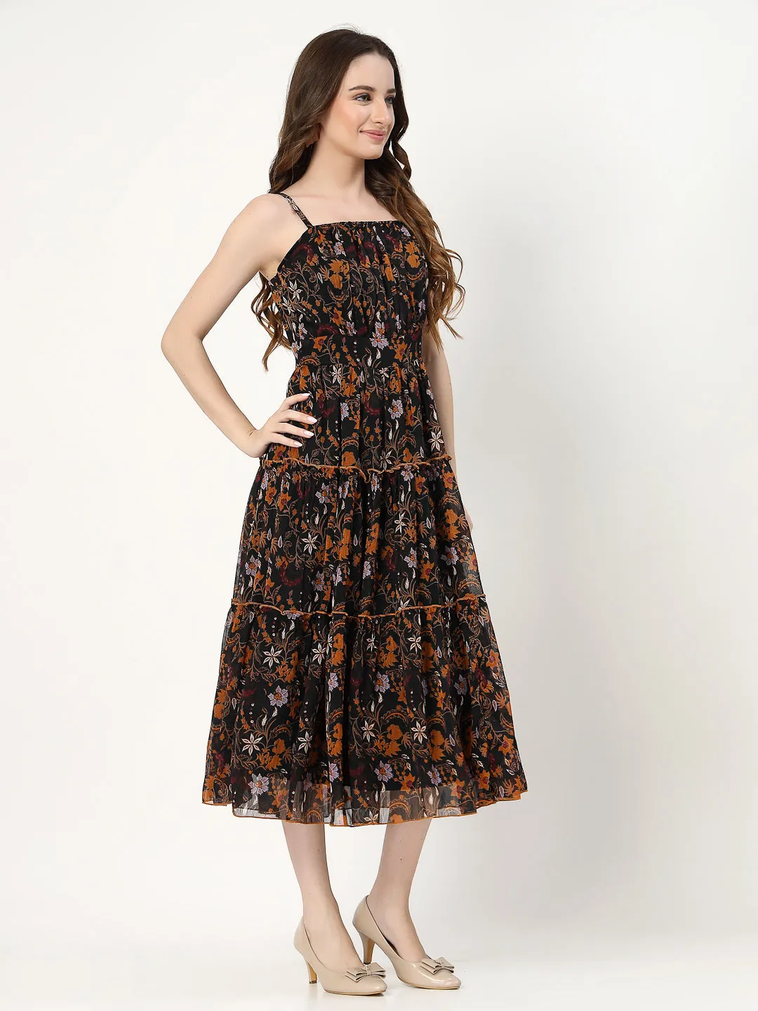 Women Tiered Black Printed Dress