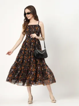 Women Tiered Black Printed Dress