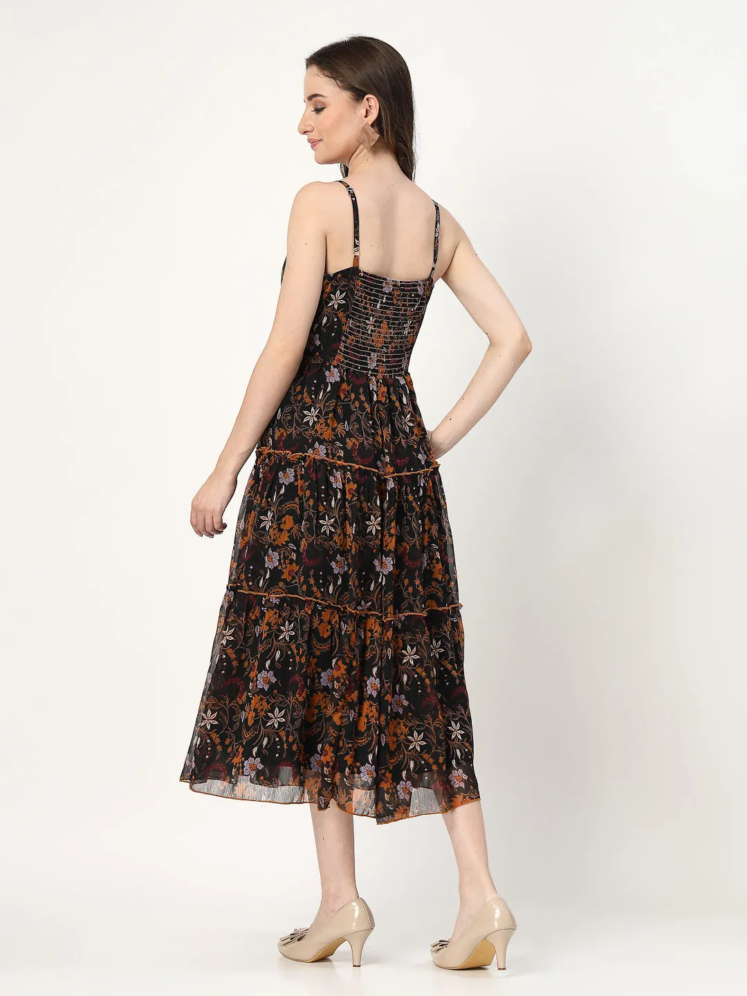 Women Tiered Black Printed Dress