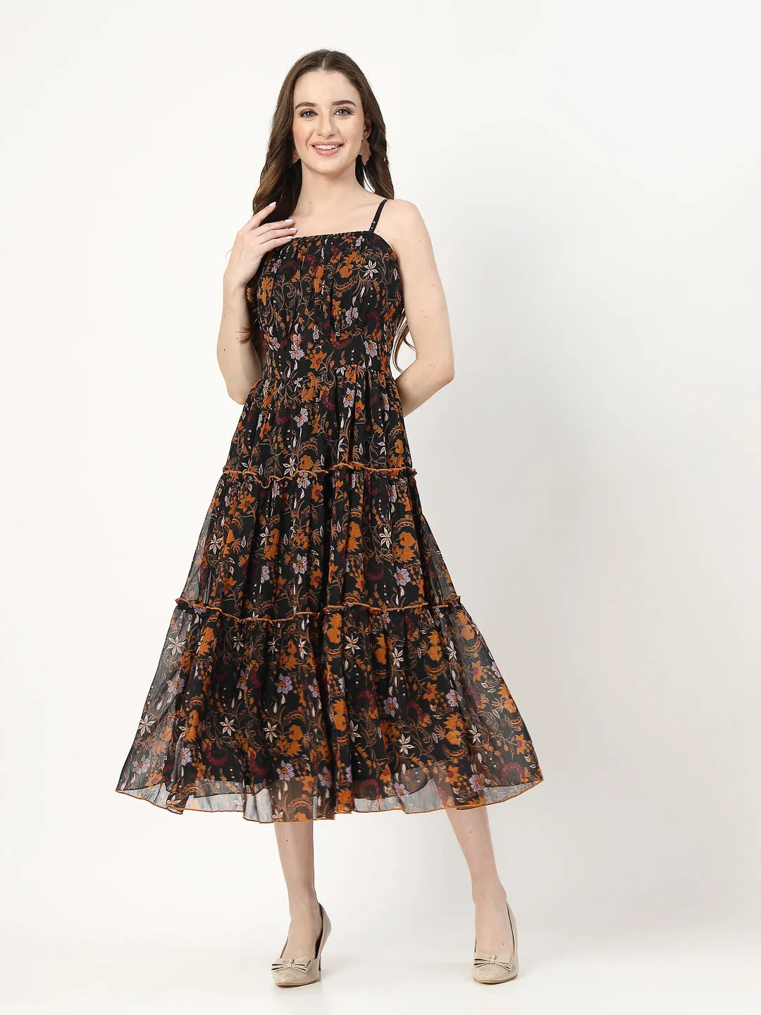 Women Tiered Black Printed Dress